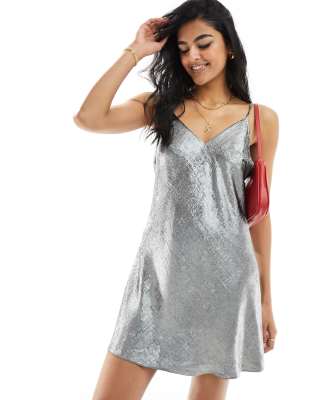 metallic swing mini slip dress in silver