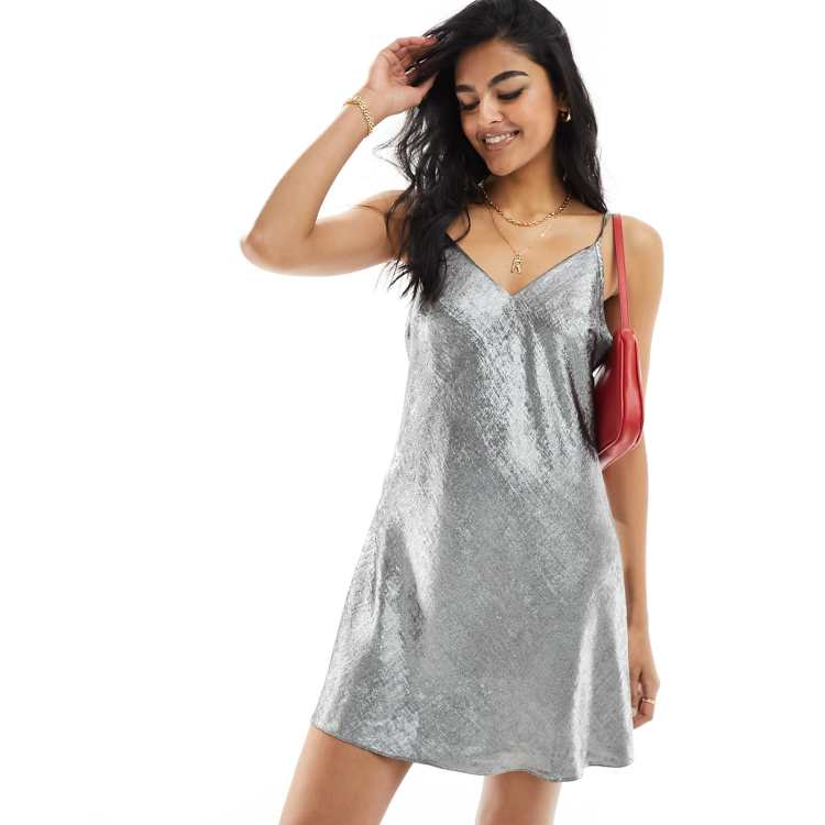 Miss Selfridge metallic swing mini slip dress in silver