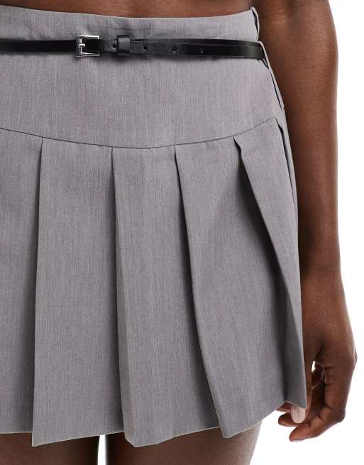 Miss Selfridge micro belt pleated mini skirt in gray | ASOS