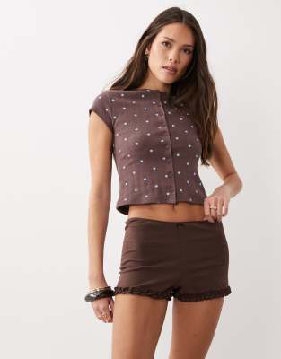 Miss Selfridge Micro Mini Shorts With Ruffle Hem Detail In Brown