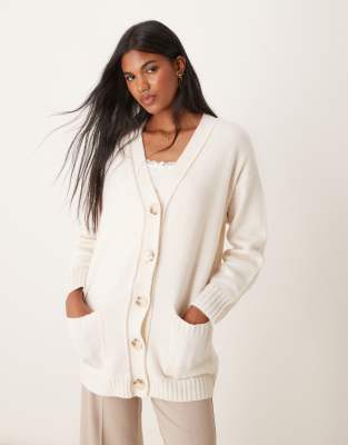 mid length cardigan with seam detail in cream-White