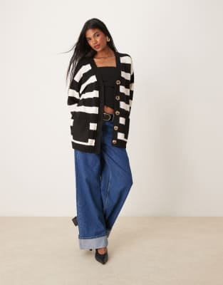 Miss Selfridge mid length cardigan with seam detail in stripe-Multi