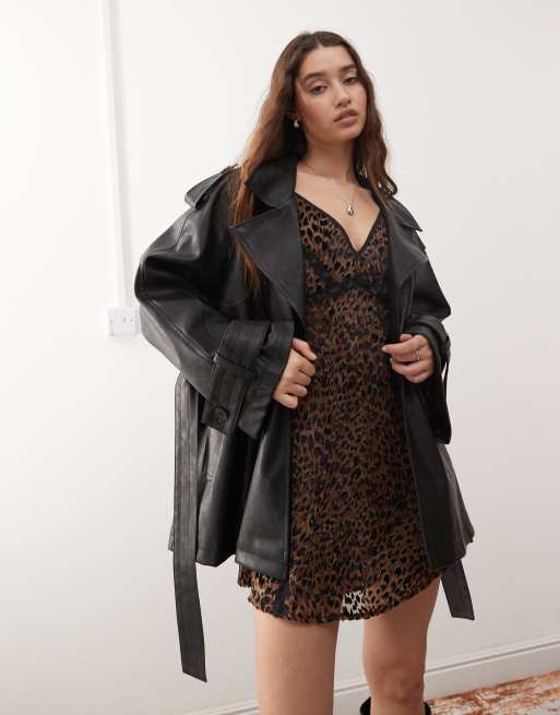 Miss Selfridge mid length faux leather oversized trench coat in black