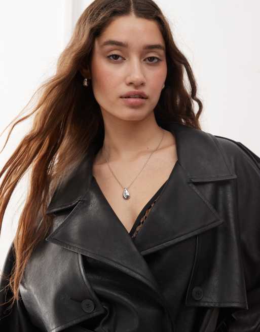 Miss Selfridge mid length faux leather oversized trench coat in