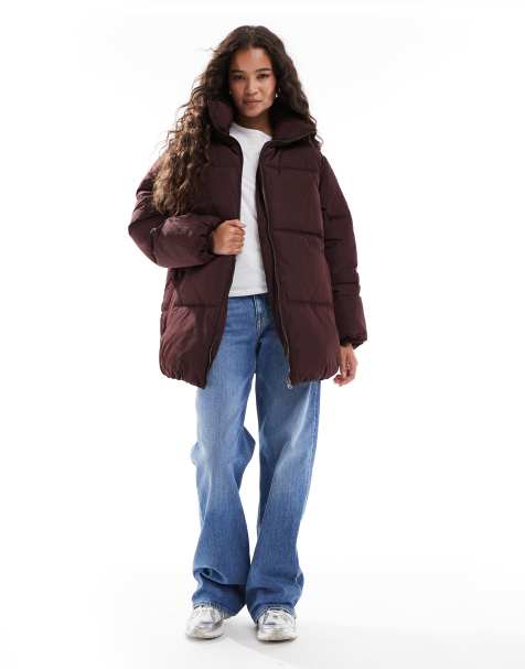 Miss Selfridge mid length puffer jacket in plum - view 1