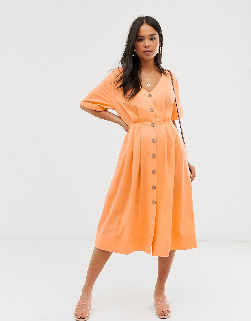 Miss Selfridge midi dress with button through in orange-White