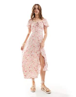 Miss Selfridge - Midi-Freizeitkleid mit Blumenmuster in Rosa und Bindedetail vorne