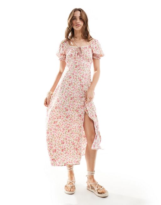 Miss Selfridge – Midi-Freizeitkleid mit Blumenmuster in Rosa und Bindedetail vorne