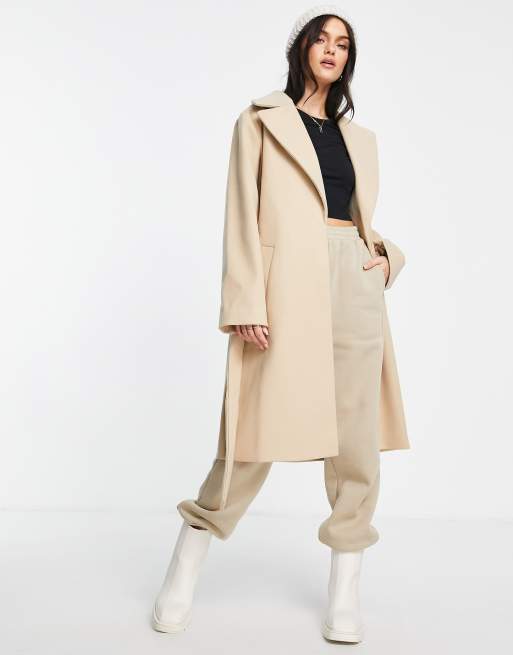 Miss Selfridge - Midi-jas met overslag en strikceintuur in licht camel