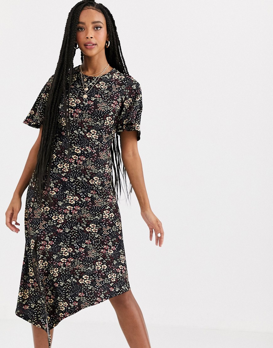 Miss Selfridge - Midi-jurk met asymmetrische zoom en bloemenprint-Zwart