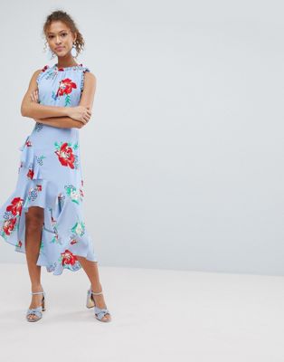 Miss Selfridge - Midi-jurk met bloemenprint en ruches bij de schouder-Blauw