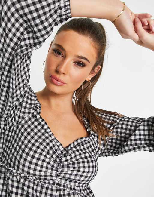 Miss Selfridge - Midi-jurk met gerimpelde buste en zwart-witte gingham ruit, 3 van 4
