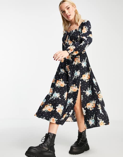 Miss Selfridge - Midi-jurk van keperstof met gestrikte voorkant en bloemenprint in zwart