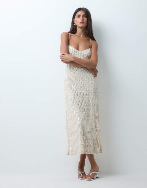 Miss Selfridge - Midi jurk versierd met parels en lovertjes in ivoorwit - view 1