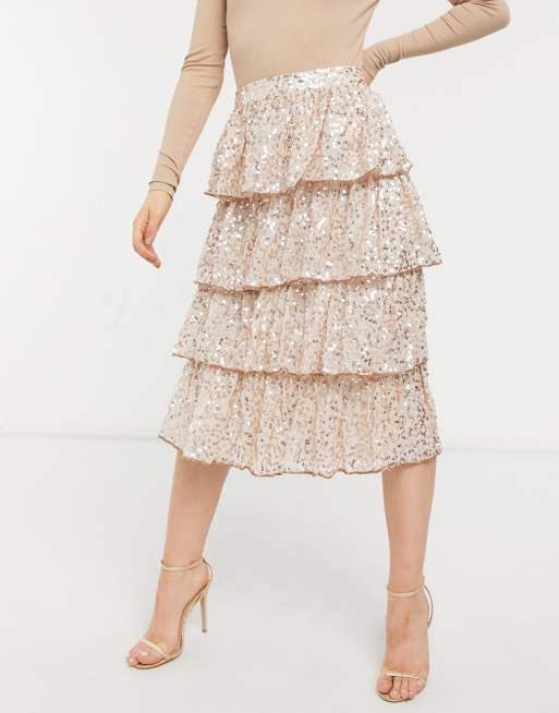 Miss Selfridge - Midi rok met stroken en lovertjes in beigeroze, 4 van 4