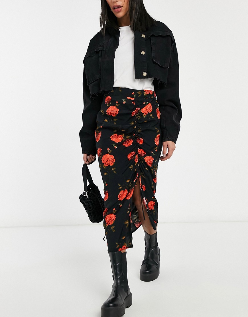 Miss Selfridge Midi Skirt In Bloom Floral-black
