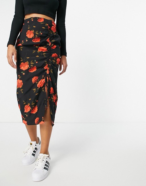 Miss Selfridge red bloom print midi skirt in black