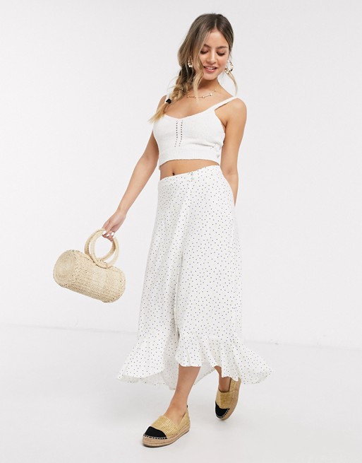 Miss Selfridge midi skirt with asymmetric hem in white spot print