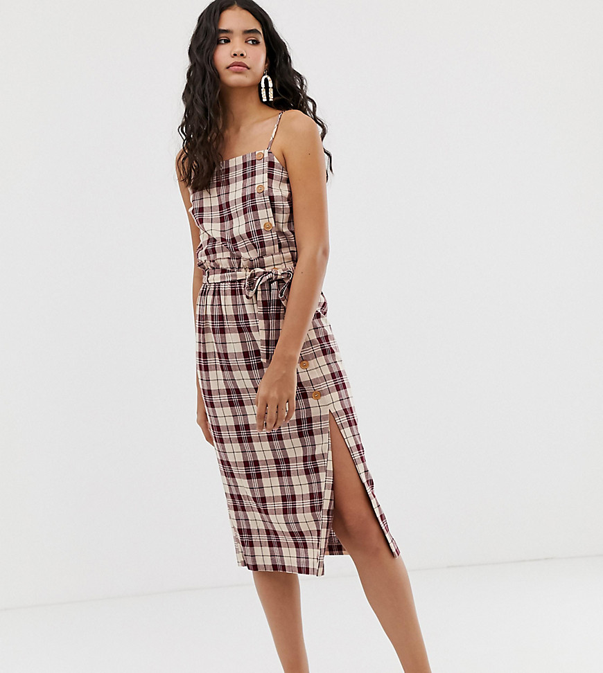 Miss Selfridge midi skirt with paper bag waist in check-Red