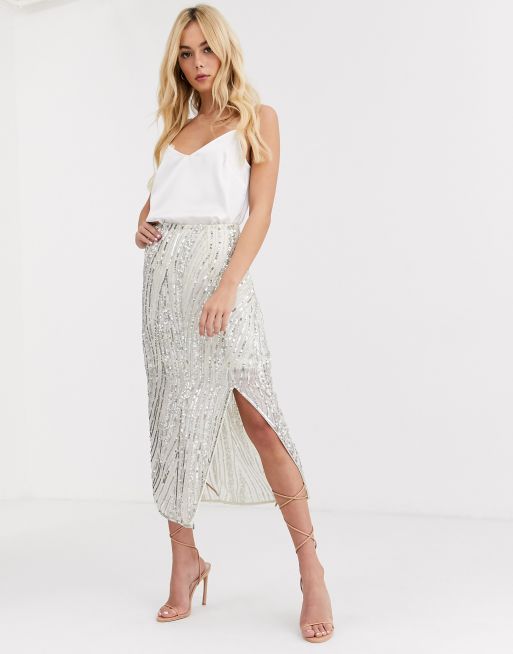 Miss Selfridge midi skirt with sequins in silver | ASOS