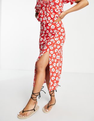 midi skirt with split in red floral