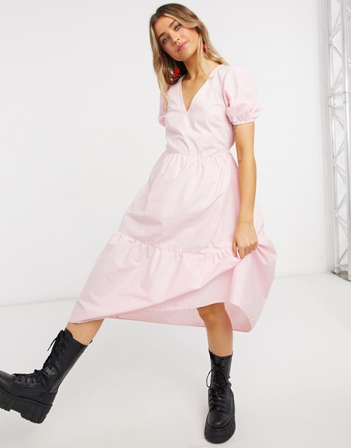 Miss Selfridge midi smock dress with tiered hem in pink