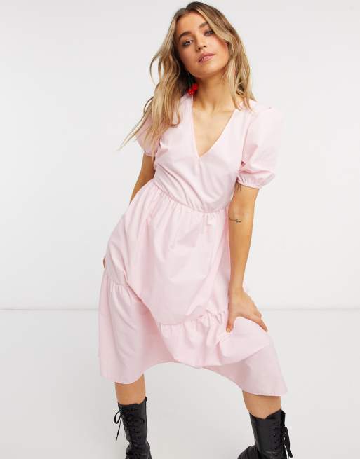 Miss Selfridge midi smock dress with tiered hem in pink, 4 of 4