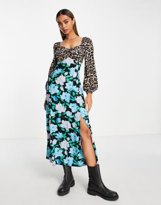 Miss Selfridge midi tea dress in mix animal floral print-Multi