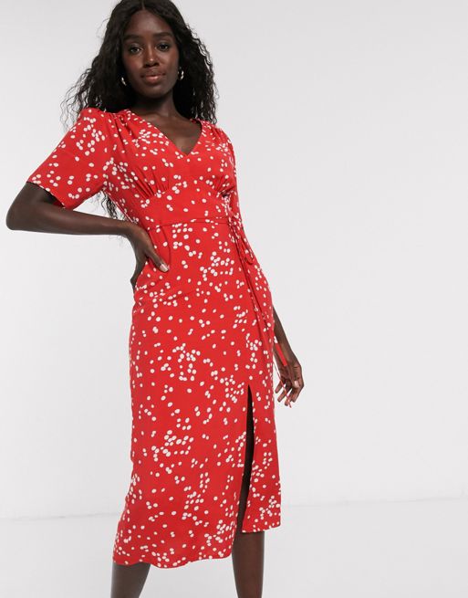 Miss Selfridge midi tea dress in red spot print | ASOS
