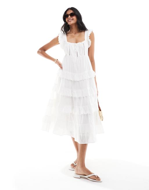 Miss Selfridge - Midi zonnejurk met kanten rand en stroken in ivoor
