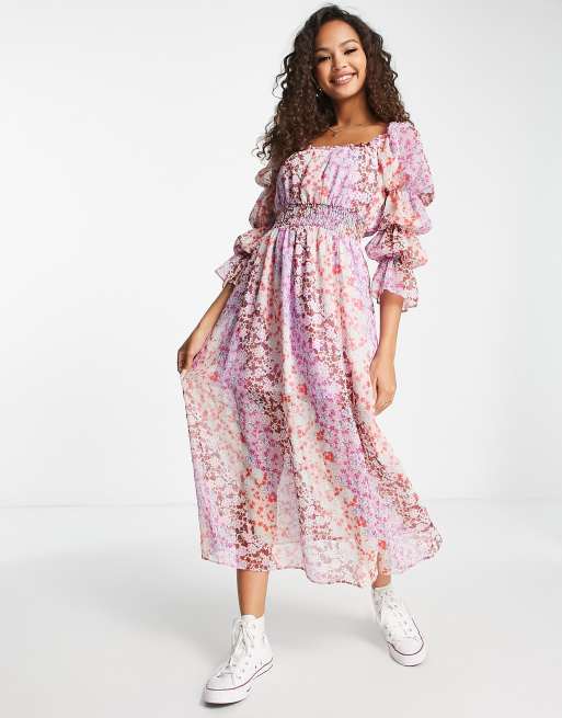 Miss Selfridge - Midikjole med ærmedetaljer og småblomstret print i chiffon 