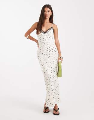 Miss Selfridge - Midikleid aus Satin und Spitze mit Punktemuster-Weiß