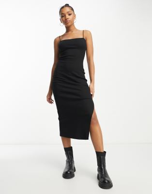 Miss Selfridge - Midikleid in Schwarz mit Riemchenträgern und Seitenschlitz-Black