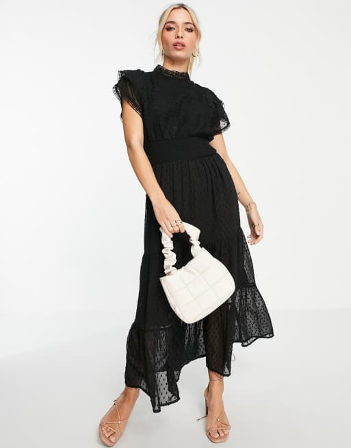 Miss Selfridge – Midikleid in Schwarz mit Spitzeneinsatz und strukturiertem Punktemuster