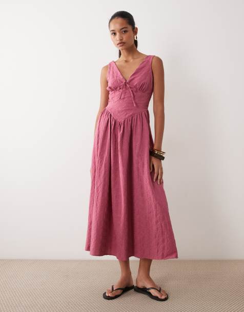 Miss Selfridge Midikleid mit Broderie und Korsett in Pink - view 1