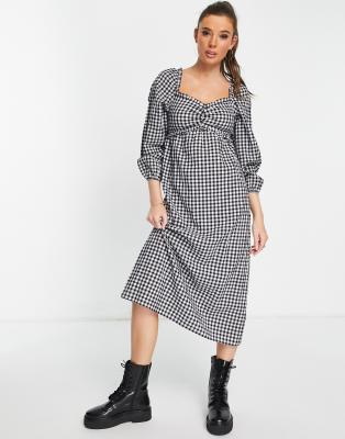 Miss Selfridge – Midikleid mit geraffter Brustpartie und monochromem Vichy-Karomuster