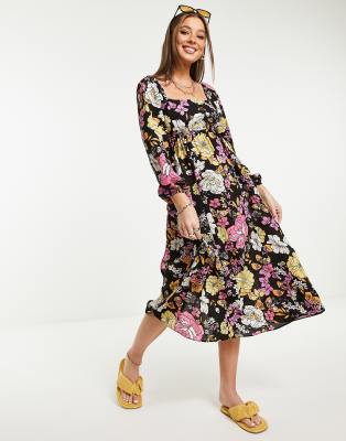 Miss Selfridge - Midikleid mit Knopfleiste und bunten, großen 70er-Blumenmuster