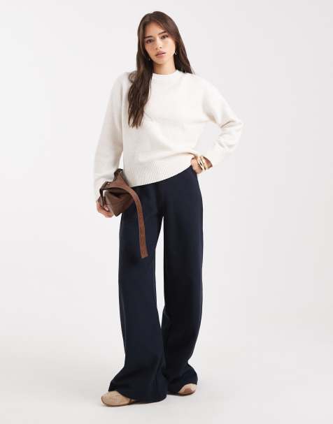 Miss Selfridge soft rib wide leg trouser in navy