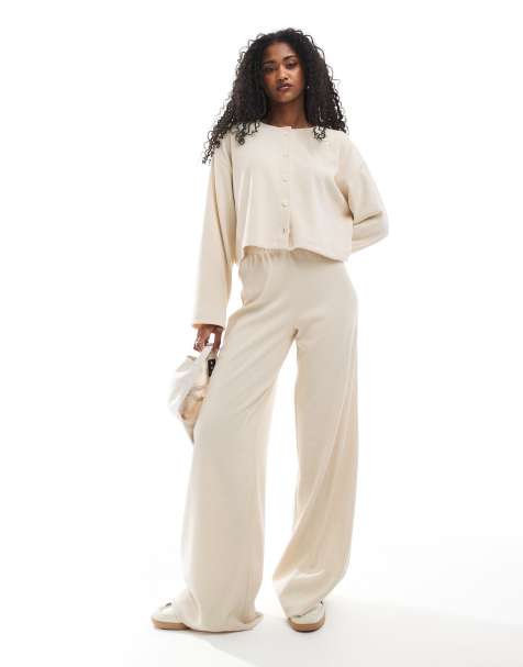 Miss Selfridge soft rib wide leg trouser in ivory