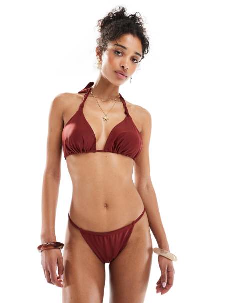 Miss Selfridge – Mieszaj i łącz – Bordowe bikini z trójkątnymi miseczkami i ozdobnymi węzłami - view 1
