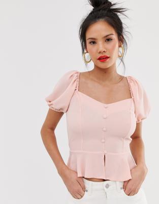 Miss Selfridge milkmaid blouse with puff sleeves in pink