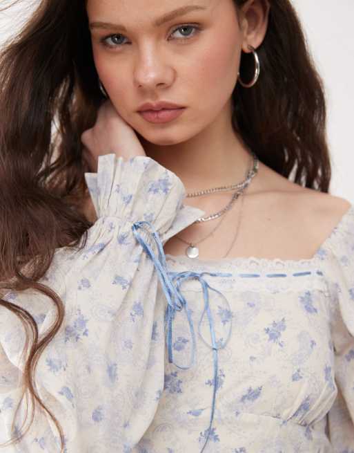 Miss Selfridge milkmaid maxi dress in blue floral print, 2 of 4