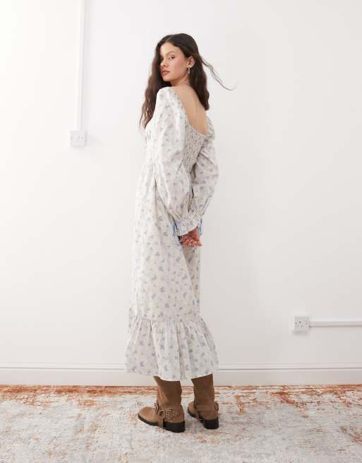 Miss Selfridge milkmaid maxi dress in blue floral print, 3 of 4