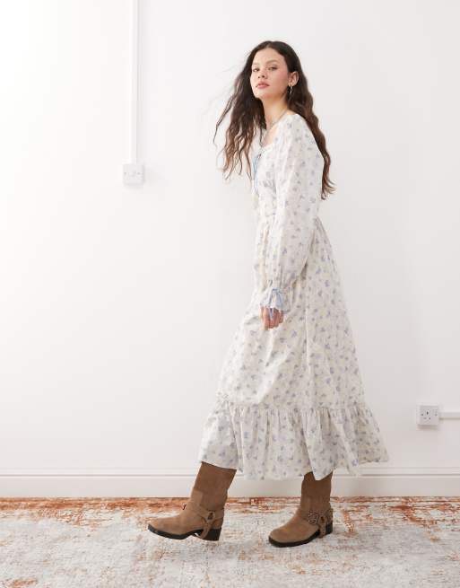Miss Selfridge milkmaid maxi dress in blue floral print, 4 of 4