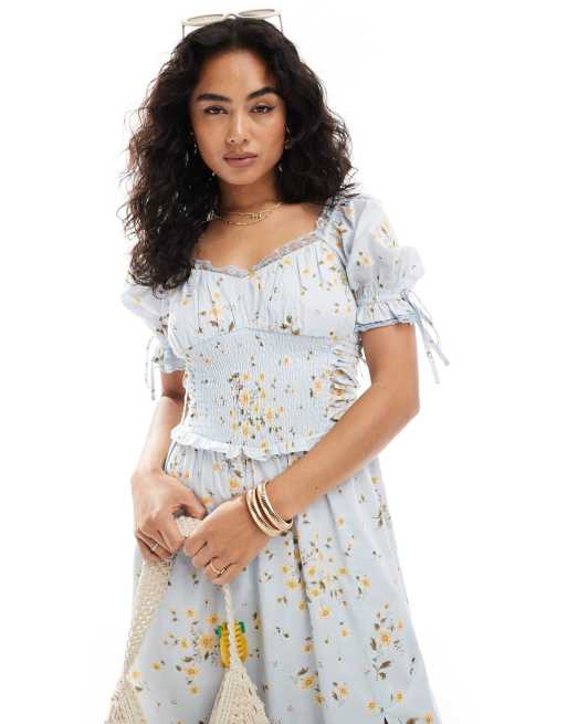 Miss Selfridge - Milkmaid-maxikjole med blåt blomstermønster, 4 af 4