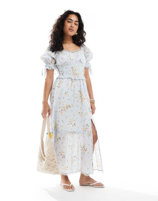 Miss Selfridge - Milkmaid-maxikjole med korsetsnit og blomstermønster i vintage-stil