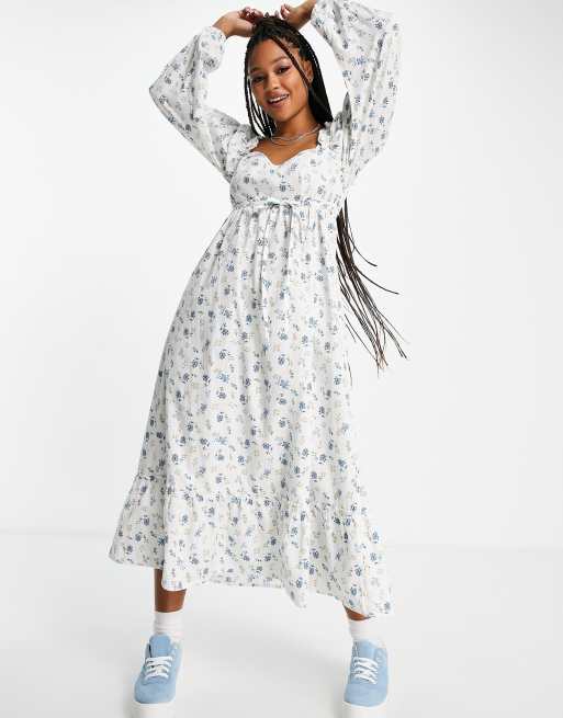 Miss Selfridge milkmaid midi dress in blue floral | ASOS