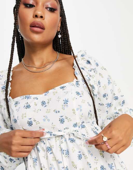 Miss Selfridge milkmaid midi dress in blue floral, 2 of 4