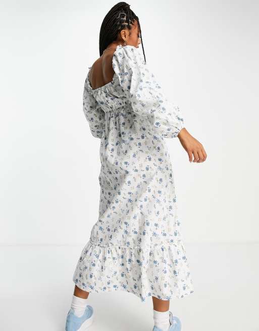 Miss Selfridge milkmaid midi dress in blue floral, 3 of 4