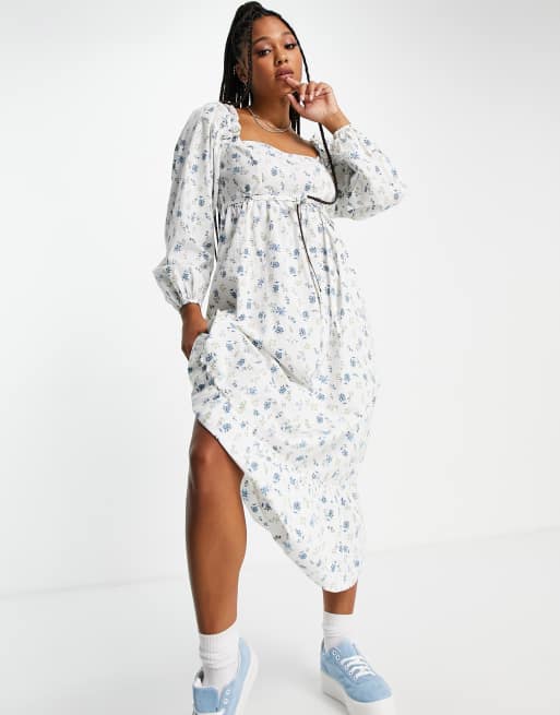 Miss Selfridge milkmaid midi dress in blue floral, 4 of 4